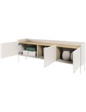 Meuble TV scandinave blanc portes ouvertes révélant rangements et vases