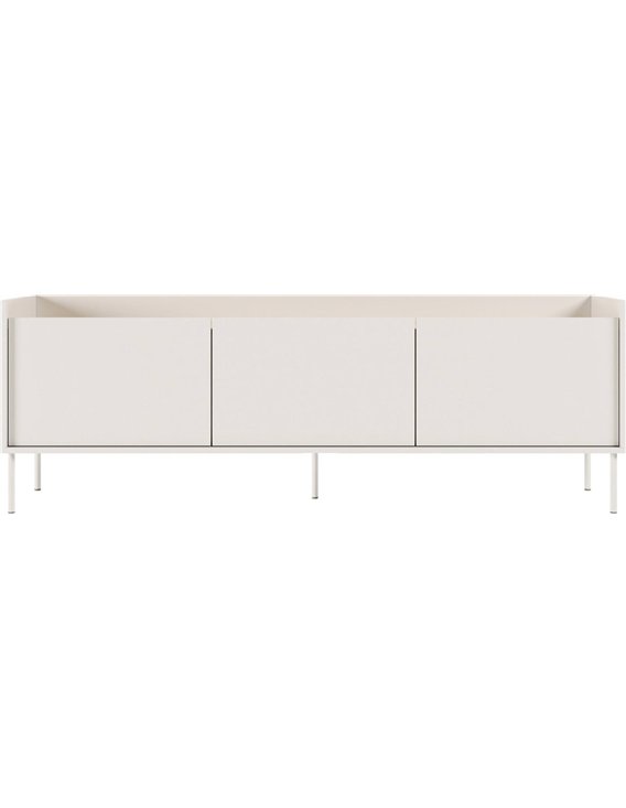 Meuble TV scandinave blanc vue frontale sur ses trois portes et pieds fins