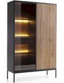 Vitrine haute à façade cannelée noire et bois clair, vue de côté trois quarts