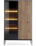 Vitrine haute noire et bois clair, vue de face en plein cadrage