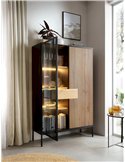 Vitrine haute noire et bois clair ouverte, avec livres et tiroir central