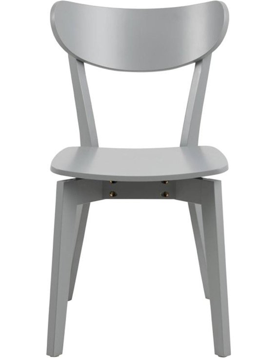Chaise grise vue de face, dossier arrondi et assise en bois