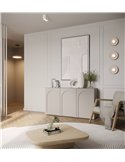 Buffet trois portes arquées beige dans un salon, fauteuil et tapis au sol