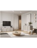 Buffet trois portes arquées beige dans une pièce avec meuble TV assorti