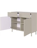 Commode beige portes ouvertes révélant les compartiments intérieurs