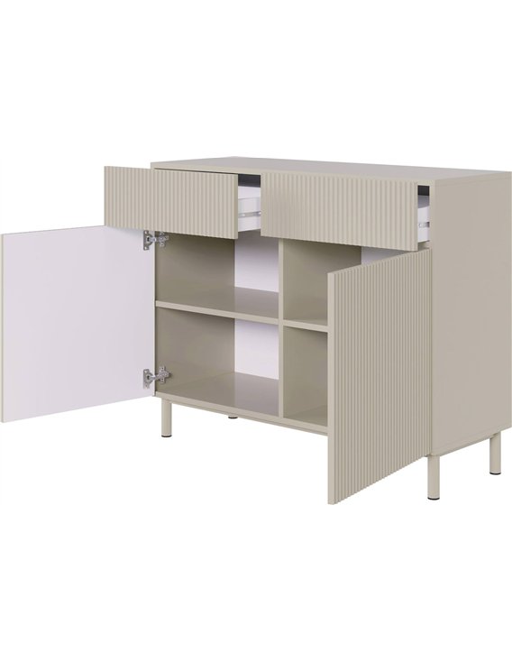 Commode beige portes ouvertes révélant les compartiments intérieurs
