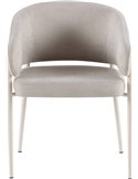 Chaise tapissée enveloppante beige crème, vue de face avec pieds blancs