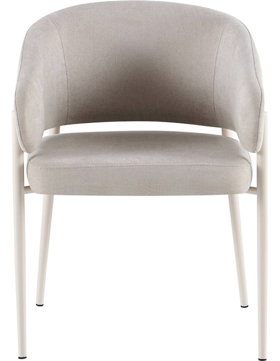 Chaise tapissée enveloppante beige crème, vue de face avec pieds blancs