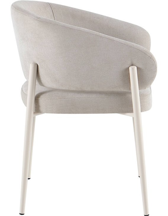 Chaise tapissée enveloppante beige crème, vue de profil avec pieds blancs