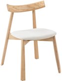 Chaise en bois naturel à assise beige, vue d'ensemble en biais