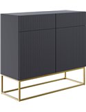 Buffet gris anthracite rainuré vu de trois quarts, piètement doré