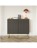 Buffet anthracite rainuré décoré de livres et d'une lampe rouge