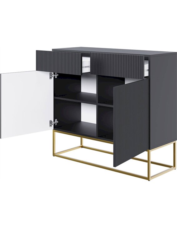 Buffet anthracite ouvert, étagères intérieures et portes relevées