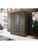 Armoire anthracite à lattes bois, intérieur dégagé avec penderie