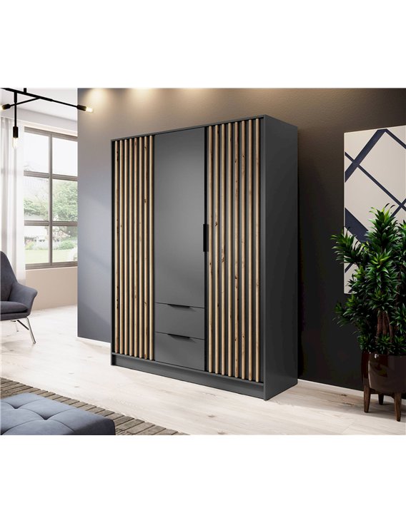 Armoire anthracite à lattes bois, intérieur dégagé avec penderie