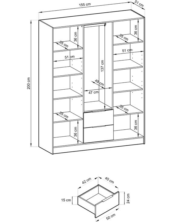 Armoire anthracite à lattes bois, schéma avec dimensions