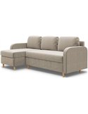Canapé d'angle convertible beige vu de trois quarts avant, chaise longue à gauche
