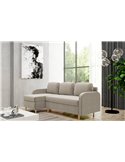 Canapé d'angle convertible beige dans un salon, mur gris, lampe et rideaux autour