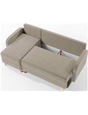 Vue de dessus du canapé d'angle beige avec le coffre de rangement ouvert