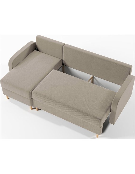 Vue de dessus du canapé d'angle beige avec le coffre de rangement ouvert