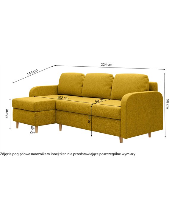 Canapé d'angle jaune, schéma avec cotes détaillées de l'assise et de la chaise longue