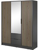 Armoire trois portes gris anthracite à lattes bois clair, miroir central