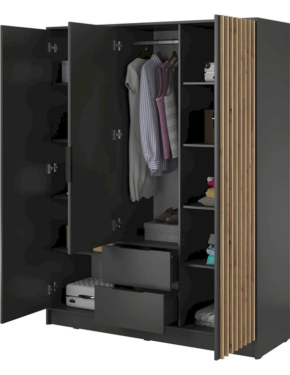 Armoire anthracite ouverte, intérieur noir avec penderie et étagères