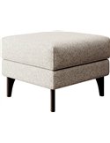 Pouf repose pieds en tissu bouclé beige clair, pieds sombres, vue en biais