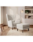 Pouf beige clair avec fauteuil et lampadaire dans une pièce lumineuse