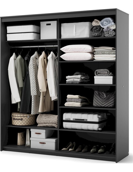 Armoire coulissante noire dans une pièce, portes ouvertes avec étagères garnies