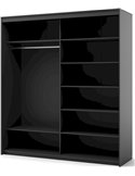 Intérieur vide de l'armoire noire, penderie et étagères visibles