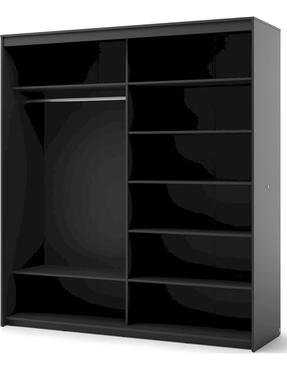 Intérieur vide de l'armoire noire, penderie et étagères visibles