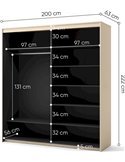Schéma des dimensions de l'armoire coulissante, largeur 200 cm, hauteur 222 cm