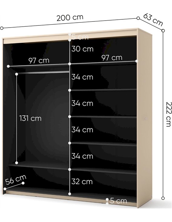 Schéma des dimensions de l'armoire coulissante, largeur 200 cm, hauteur 222 cm