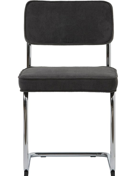 Chaise tapissée au design Bauhaus, vue de face de l'assise et du dossier en velours côtelé gris
