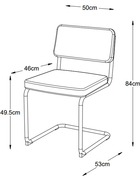 Chaise tapissée au design Bauhaus, schéma des dimensions de l'assise à 49,5 cm et du dossier