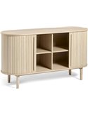 Commode ovale bois clair ouverte, étagères intérieures visibles