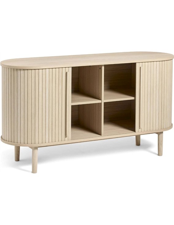 Commode ovale bois clair ouverte, étagères intérieures visibles
