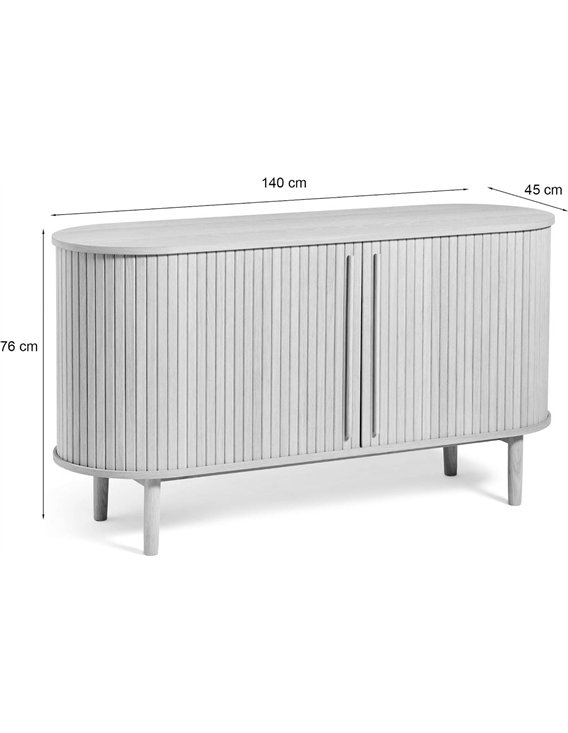 Schéma de dimensions de la commode ovale blanche, vue de trois quarts