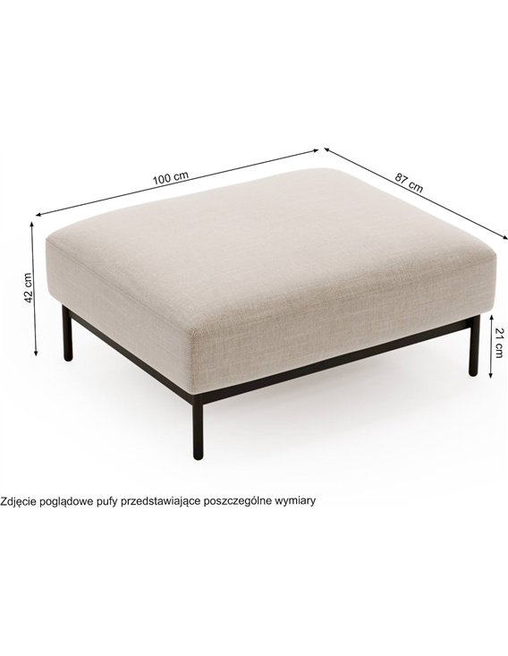 Pouf en tissu beige, vue de profil avec dimensions