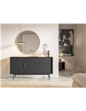 Commode noire deux portes avec tiroirs dans un salon, miroir rond et tableau au mur