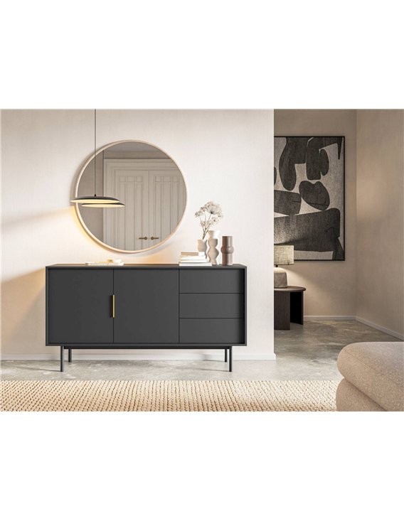 Commode noire deux portes avec tiroirs dans un salon, miroir rond et tableau au mur