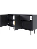 Commode noire ouverte, un tiroir sorti et une porte entrouverte