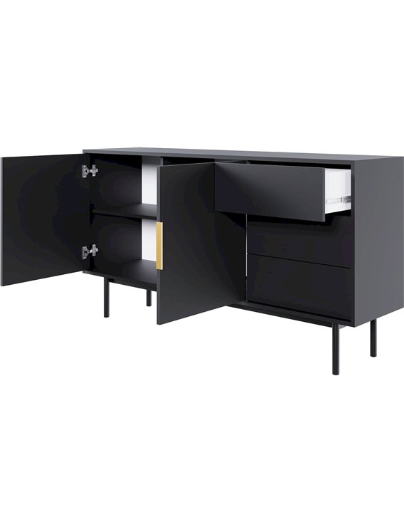 Commode noire ouverte, un tiroir sorti et une porte entrouverte