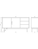 Commode deux portes avec tiroirs, schéma technique en vue de face et de côté