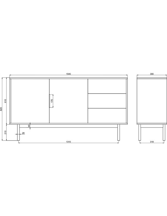 Commode deux portes avec tiroirs, schéma technique en vue de face et de côté