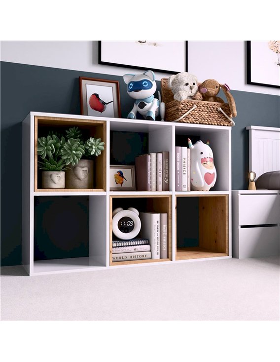 Étagère ouverte 6 niches modulable blanche et bois clair dans une chambre avec des livres