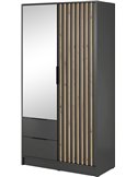 Armoire deux portes avec miroir et lattes anthracite et bois, vue de face