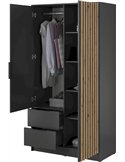 Armoire deux portes avec miroir et lattes anthracite ouverte, penderie visible