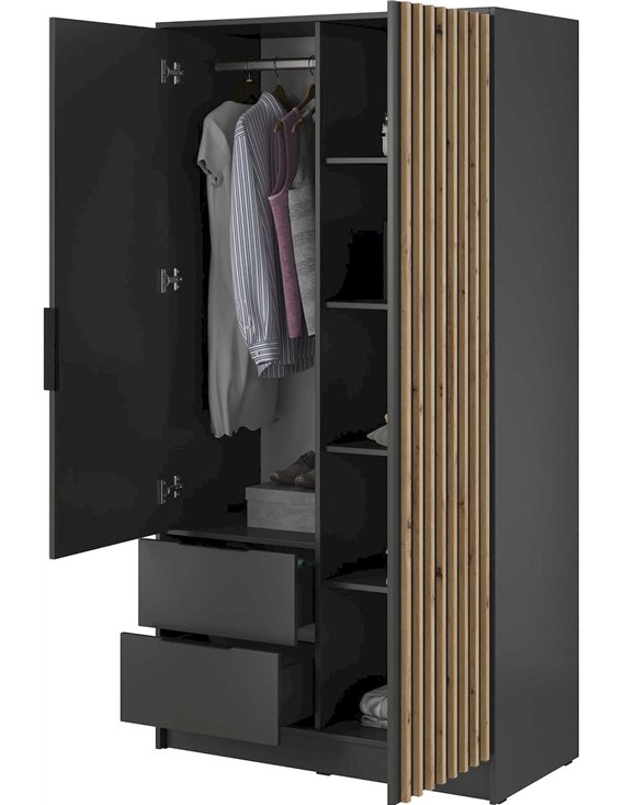 Armoire deux portes avec miroir et lattes anthracite ouverte, penderie visible